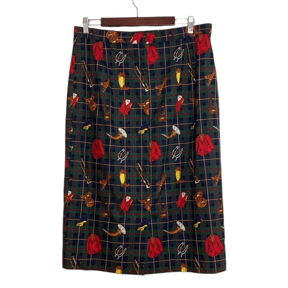 Handmade Skirt Womens Large Green Blue Plaid Straight Pencil Equestrian Preppy